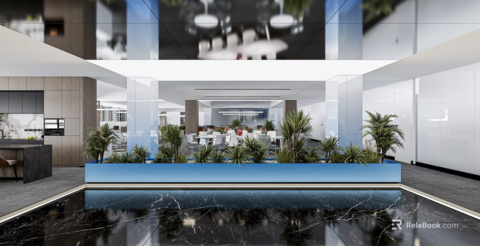 Modern Open Public Office Space With Glass Partitions Green Plants Pendant Lights And Marble Flooring 3d model 