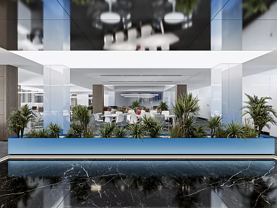 Modern Open Public Office Space With Glass Partitions Green Plants Pendant Lights And Marble Flooring 3d model
