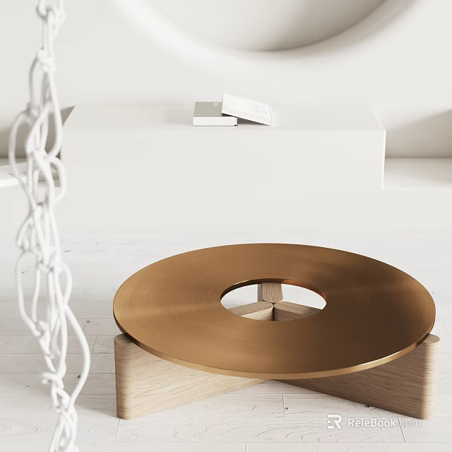 Minimalist Golden Round Coffee Table With Circular Cutout And Wooden Base In Modern Space 3d model 