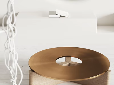 Minimalist Golden Round Coffee Table With Circular Cutout And Wooden Base In Modern Space 3d model