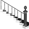 Modern Staircase With White Steps Gray Handrail And Decorative Lamp Post 3d model