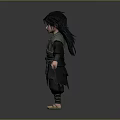 Young Man With Long Black Hair Green Black Outfit Belt And Sandals