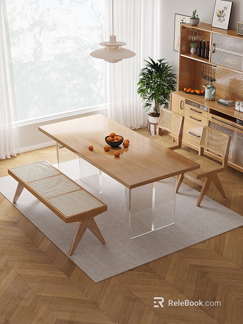 Minimalist Dining Table Set with Wooden Top Acrylic Legs Chairs Bench Oranges on Rug 3d model 