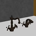 Ornate Brass Faucets Display On White Countertop With Gray Yellow Walls