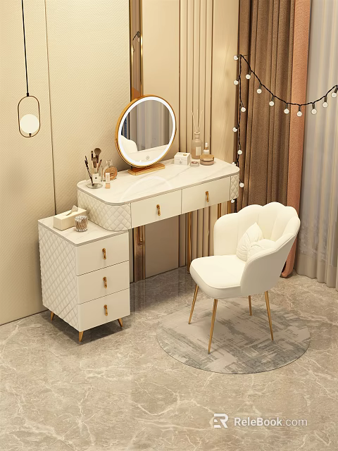Elegant Modern Dressing Table With Marble Top Mirror Gold Handles And White Chair 3d model 