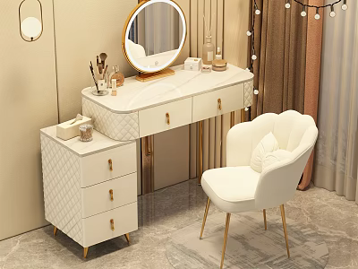 Elegant Modern Dressing Table With Marble Top Mirror Gold Handles And White Chair 3d model