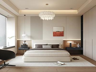 Modern Bedroom Interior With White Chandelier Large Bed Abstract Artwork And Wooden Floor 3d model