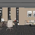 Modern Office Interior With Desk Chairs Sofa Bookshelves Artwork And Plants