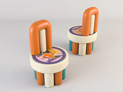 Cute Kids' Chair With Circular Seat Orange Back And Fox Cartoon Design For Playroom 3d model
