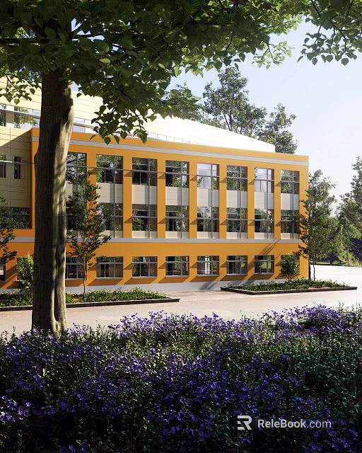 Modern Yellow Office Building Exterior With Large Windows And Surrounding Trees Flowers 3d model 