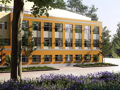 Modern Yellow Office Building Exterior With Large Windows And Surrounding Trees Flowers 3d model