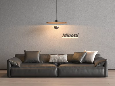 Black Leather Sectional Sofa With Multiple Cushions Minotti Brand On Grey Wall And Pendant Light 3d model