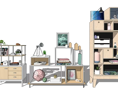 Modern Decorative Cabinets With Various Designs And Decor Items Green Plants Photo Frames Books 3d model