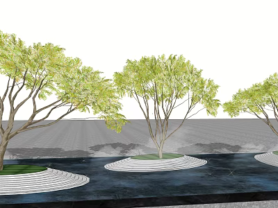 Circular Flower Planters With Trees In Outdoor Garden Surrounded By Water And Gray Pavement 3d model