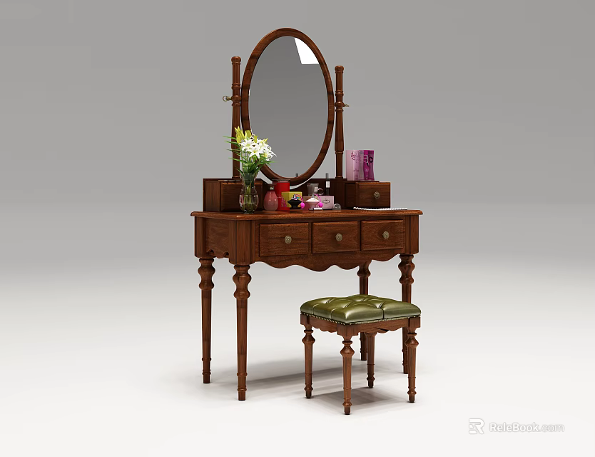 Wooden Dressing Table with Round Mirror Drawers Vase Flowers Purple Cup and Green Stool 3d model 