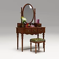 Wooden Dressing Table with Round Mirror Drawers Vase Flowers Purple Cup and Green Stool