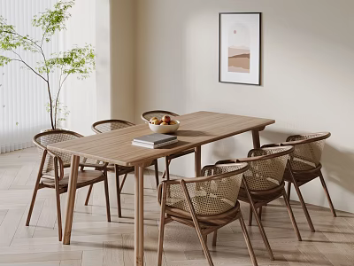 Natural Style Wooden Dining Table Set with Rattan Chairs in Bright Room 3d model