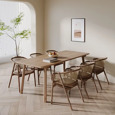 Natural Style Wooden Dining Table Set with Rattan Chairs in Bright Room 3d model