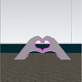 Purple Heart Shaped Hands Forming Heart on Beach With Palm Trees and Sunset Sky