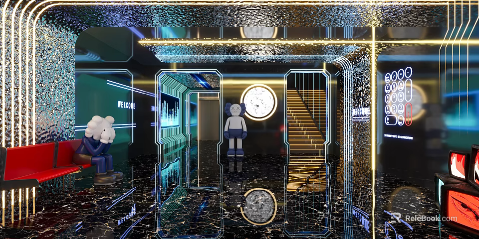 Futuristic KTV Interior With High Tech Lighting And Mirrored Floors 3d model 
