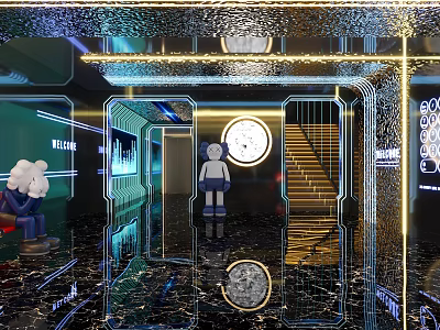 Futuristic KTV Interior With High Tech Lighting And Mirrored Floors 3d model