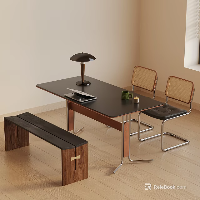 Modern Minimalist Room Interior With Black Table Lamp Notebook Green Items Two Chairs And Bench 3d model 