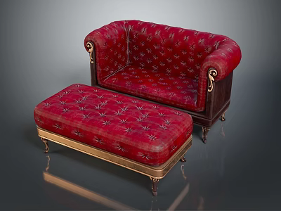 Vintage Red Sofa and Ottoman with Carved Wooden Legs and Tufted Design 3d model