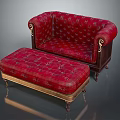 Vintage Red Sofa and Ottoman with Carved Wooden Legs and Tufted Design