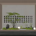 Zen Indoor Landscape Interior With Green Tree Stone Grid Patterned Wall And Small Lights 3d model