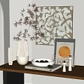 Elegant Decorative Ornament Set With White Vase Branches Bowl And Abstract Painting On Table