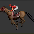 Game Movie Character Jockey Riding Brown Horse With Red Outfit Helmet And Number 1 Saddle
