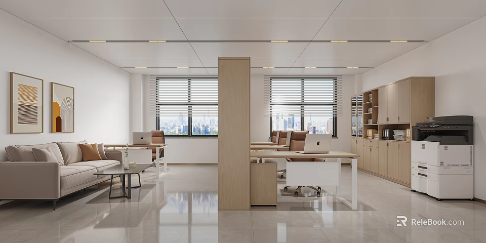 Modern Office Open Bright Interior With Desks Sofa Bookshelves Large Windows And Marble Floors 3d model 