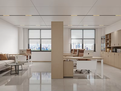 Modern Office Open Bright Interior With Desks Sofa Bookshelves Large Windows And Marble Floors 3d model