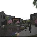 Modern Commercial Street With Waterfront Cherry Blossom Trees And Pedestrian Activities