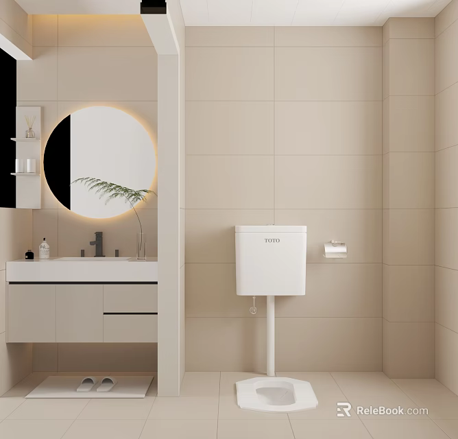 Modern Bathroom Interior Design With Round Mirror White Vanity Toilet And Beige Tiled Walls 3d model 