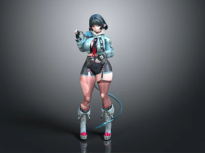 Anime 3D Rendered Female Character With Black Short Hair Blue Coat Shorts Boots And Tail 3d model