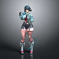 Anime 3D Rendered Female Character With Black Short Hair Blue Coat Shorts Boots And Tail