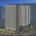 Modern Commercial Landscape With High Rise Glass Facade Building And Urban Street