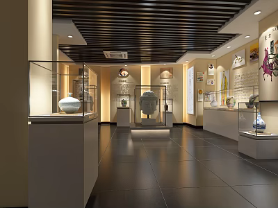 Museum Exhibition Hall With Glass Display Cases Cultural Relics And Modern Interior Design 3d model