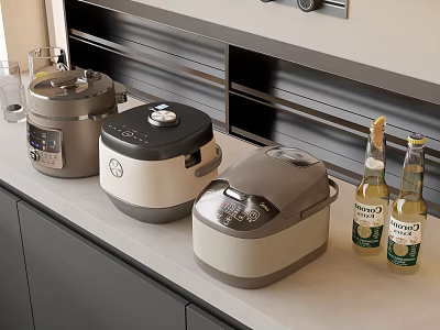 Modern Designed Kitchen Appliances Placed On Light Counter With Dark Cabinets And Cider Bottles 3d model