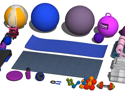 Essential Sports Equipment Collection Including Fitness Balls Yoga Mats Dumbbells And Kettlebell 3d model