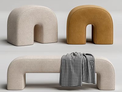 Modern Arched Sofa Bench in Beige and Brown with Plaid Blanket Decor 3d model