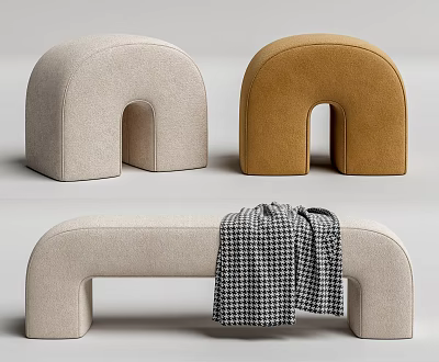Modern Arched Sofa Bench in Beige and Brown with Plaid Blanket Decor 3d model