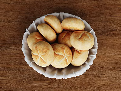 Fresh Breads In White Basket On Wooden Table 3d model
