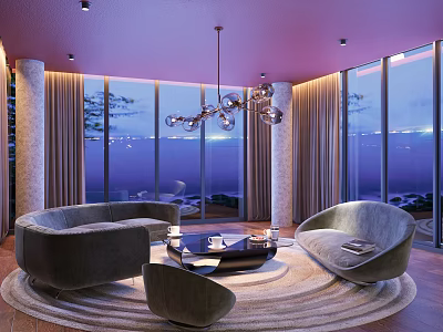 Modern Living Room Interior Design With Large Windows Sea View Round Sofas And Chandelier 3d model