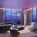 Modern Living Room Interior Design With Large Windows Sea View Round Sofas And Chandelier