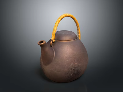 Brown Ceramic Household Teapot With Yellow Woven Handle And Matte Surface 3d model