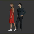 Two People Standing Together in Red Dress and Dark Green Shirt on Gray Background