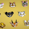 Various Animal Face Masks Including Lion Fox Cat and Giraffe Designs on Yellow Background