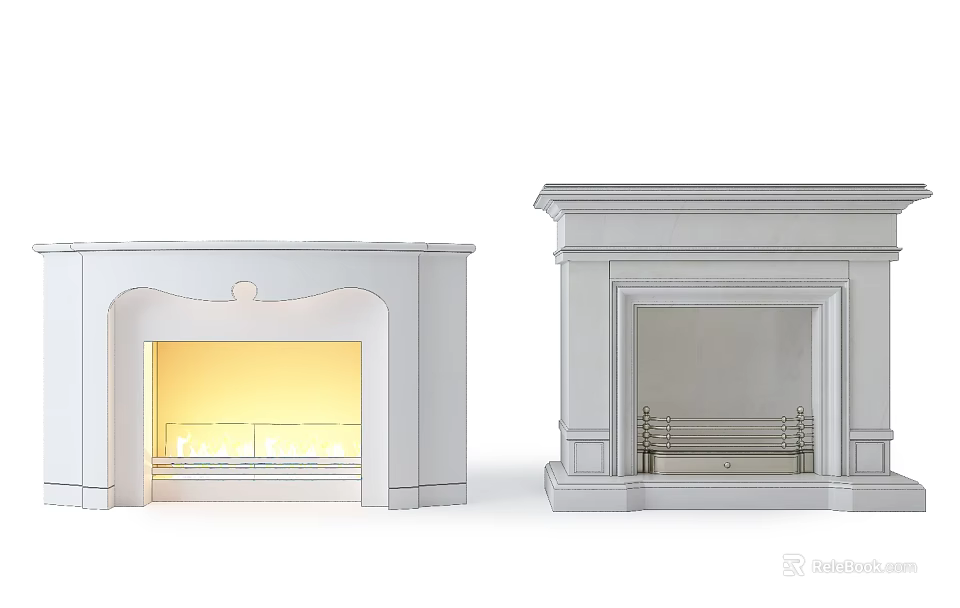Two White Fireplaces With Illuminated Interior And Classic Decorative Frame Design 3d model